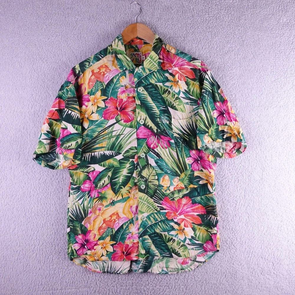 Vintage Jams World Mens Tropical Floral Rayon Button Up Shirt Medium Made in USA